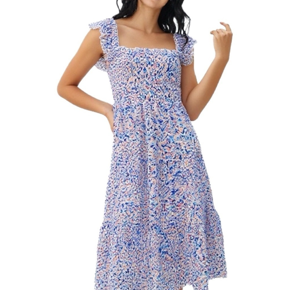 Nanette Laporte Blue Tiered Prairie Midi Dress with Flutter Sleeve Size M